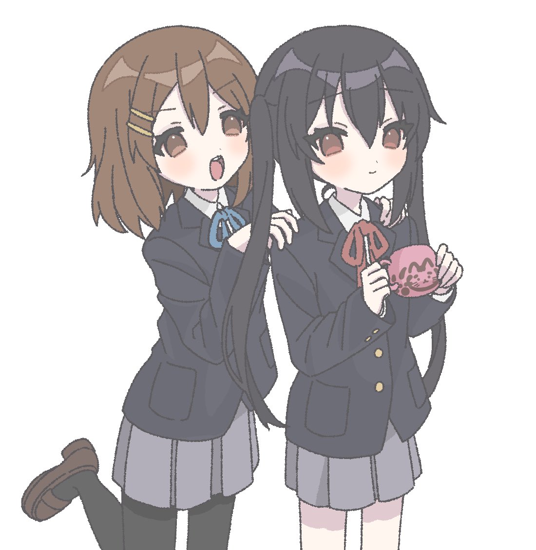 2girls, :d, black_hair, black_jacket, black_pantyhose, blazer, blue_ribbon, brown_eyes, brown_footwear, brown_hair, closed_mouth, cup, grey_skirt, hair_ornament, hairclip, hands_on_another's_shoulders, hirasawa_yui, holding, holding_cup, jacket, k-on!, loafers, long_hair, looking_at_viewer, multiple_girls, nakano_azusa, nanonome, neck_ribbon, pantyhose, pleated_skirt, red_ribbon, ribbon, sakuragaoka_high_school_uniform, school_uniform, shoes, short_hair, simple_background, skirt, smile, standing, teeth, tongue, twintails, upper_teeth_only, white_background, winter_uniform