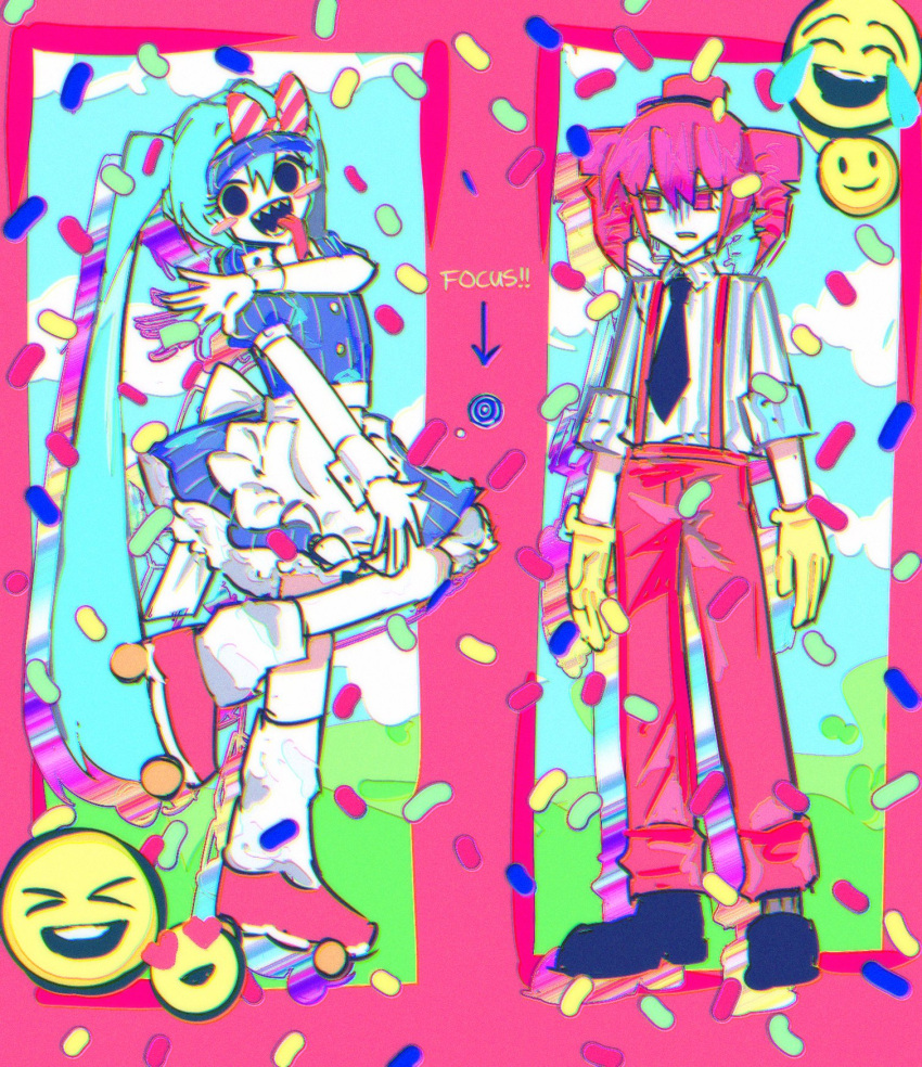 2girls, apron, arm_up, black_eyes, black_necktie, blue_dress, blue_hair, confetti, dress, drill_hair, emoji, gloves, hands_up, hatsune_miku, heart, heart-shaped_eyes, highres, kasane_teto, long_hair, mesmerizer_(vocaloid), multiple_girls, necktie, ninjin_(ninjin20417113), open_mouth, pink_eyes, pink_hair, pinstripe_dress, pinstripe_pattern, puffy_short_sleeves, puffy_sleeves, sharp_teeth, shirt, short_sleeves, smile, striped_clothes, striped_shirt, teeth, twin_drills, twintails, utau, very_long_hair, visor_cap, vocaloid, waitress, worried, wrist_cuffs, yellow_gloves