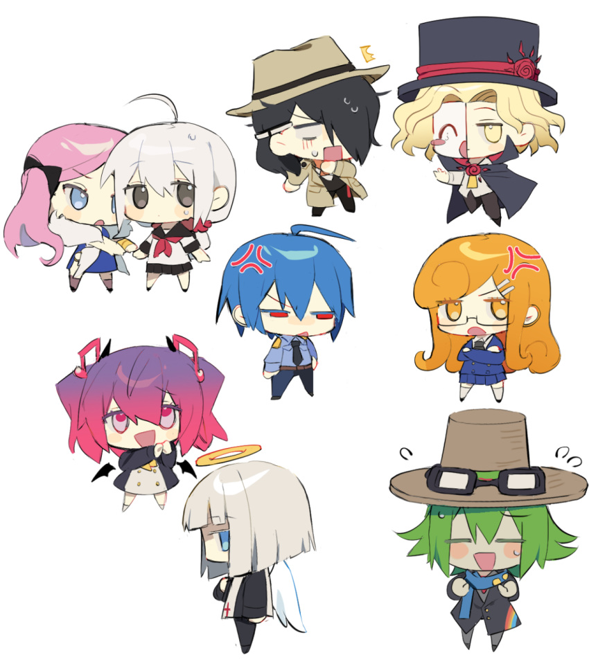 4girls, 5boys, ^^^, ahoge, angel, angel_wings, anger_vein, belt
