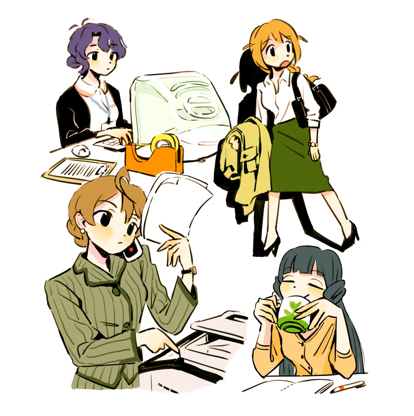 4girls, absurdres, ahoge, alternate_costume, alternate_hairstyle, at_computer, baba_konomi, bag