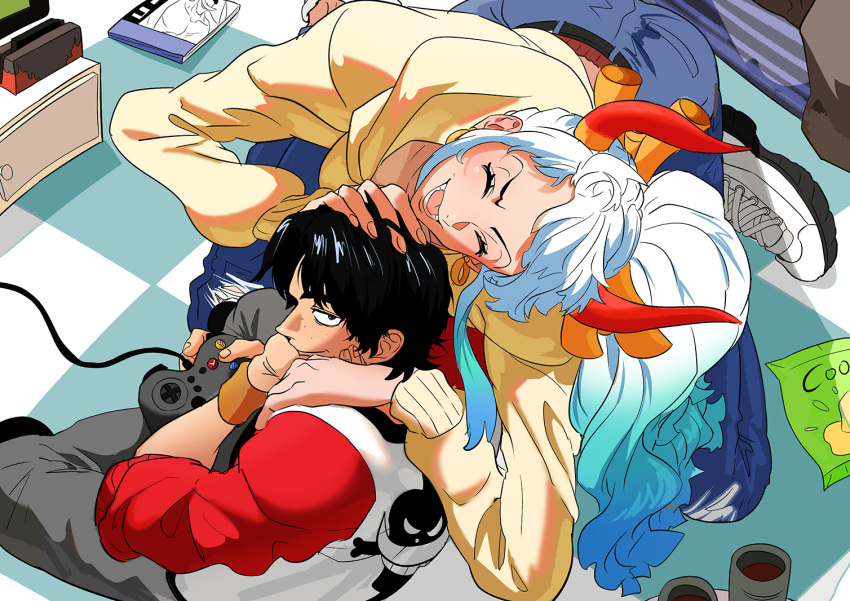 1boy, 1girl, belt, black_hair, blue_hair, blue_pants, blush, breasts, closed_eyes, closed_mouth, controller, denim, earrings, english_commentary, freckles, game_console, game_controller, grey_pants, hand_on_another's_head, height_difference, holding, holding_controller, holding_game_controller, hood, hoodie, horns, indoors, jeans, jewelry, jolly_roger, long_hair, long_sleeves, looking_at_viewer, looking_back, multicolored_hair, on_floor, one_piece, oni, open_mouth, pants, playing_games, portgas_d._ace, rita_ya, shoes, short_hair, sitting, smirk, sneakers, sweater, teeth, television, white_hair, whitebeard_pirates_jolly_roger, yamato_(one_piece), yellow_hoodie
