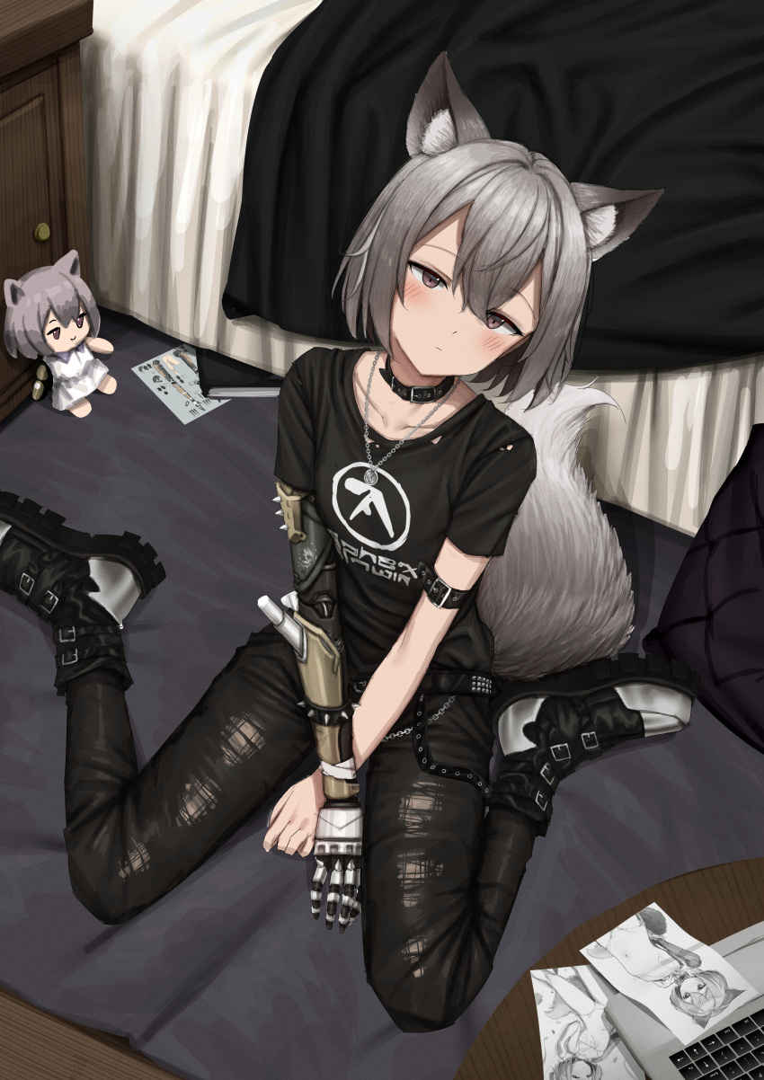 1girl, :|, absurdres, animal_ear_fluff, animal_ears, aphex_twin, arm_belt, bed