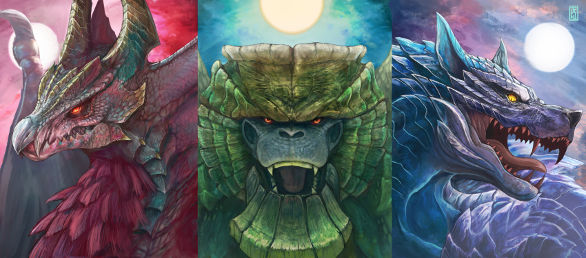 absurdres, blue_scales, dragon, dragon_horns, dragon_wings, fangs, full_moon, garangolm, green_scales, highres, horns, looking_at_viewer, lunagaron, malzeno_(monster_hunter), monster, monster_focus, monster_hunter_(series), monster_hunter_rise, moon, night, night_sky, no_humans, open_mouth, orange_eyes, outdoors, portrait, red_eyes, red_sky, scales, sharp_teeth, sky, slit_pupils, snout, teeth, uchi_vs_the_world, watermark, western_dragon, wings, wolf, yellow_eyes