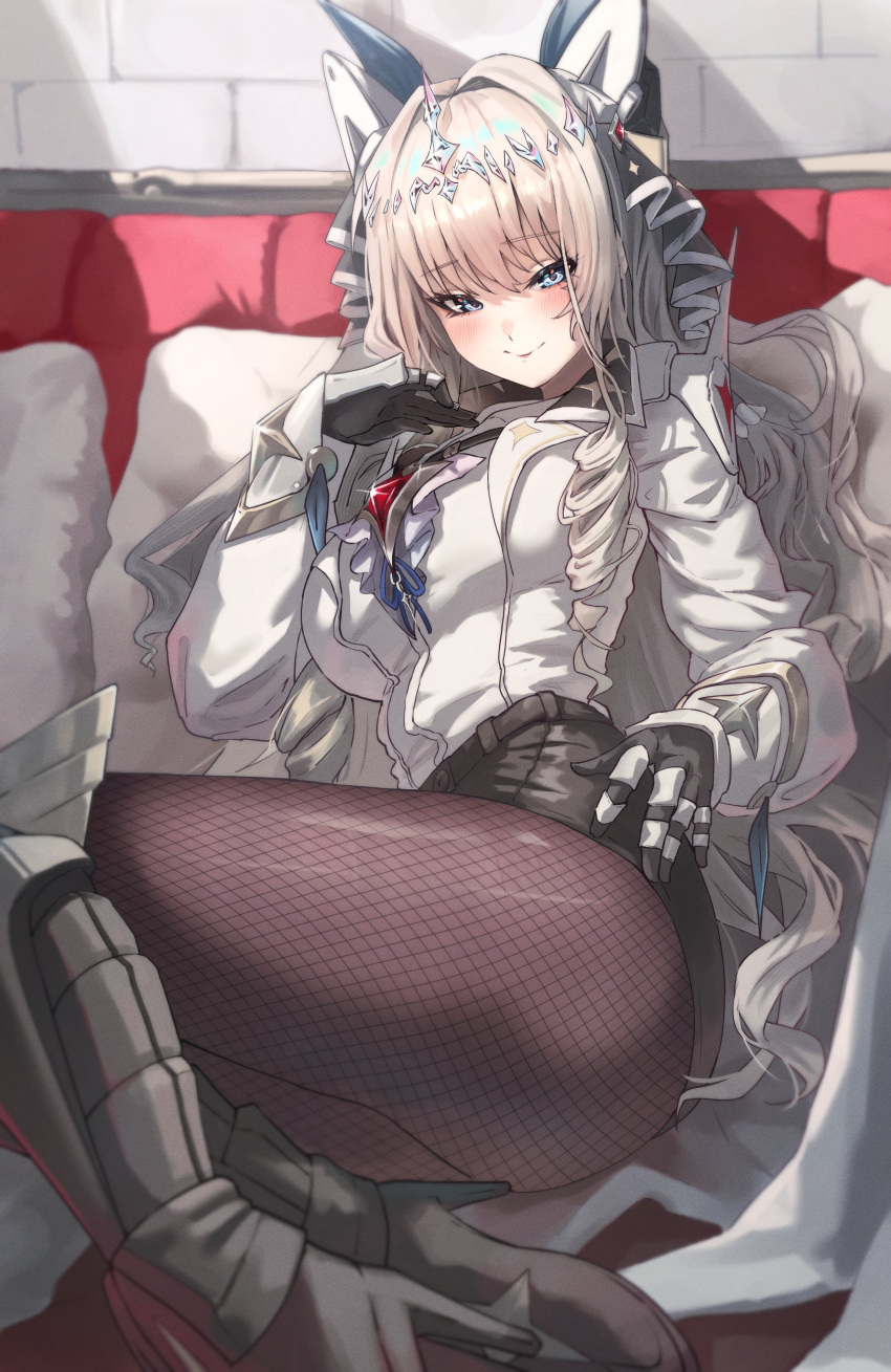 1girl, absurdres, black_shorts, blue_eyes, boots, couch, crown, crown_(nikke)