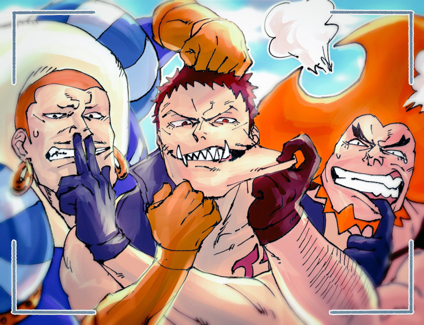 3boys, bazaraga_no_shujii, beard, blue_gloves, blurry, blurry_background, blurry_border, brothers