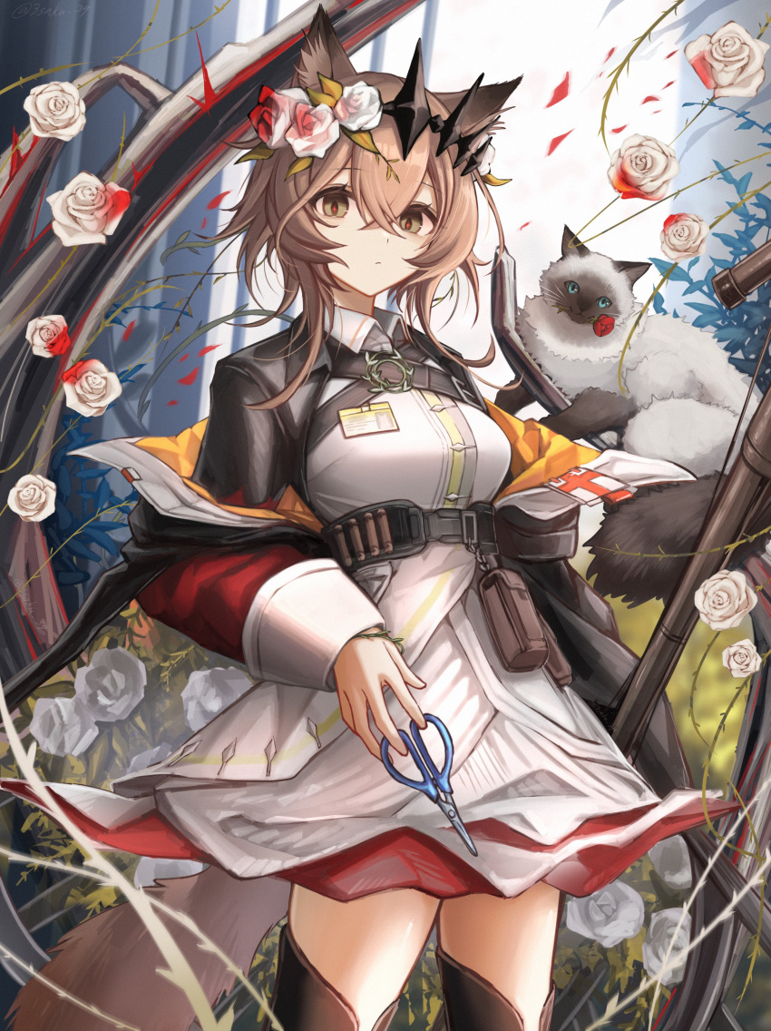 1girl, 3_(sanyako1), absurdres, animal_ears, animal_on_shoulder, arknights, belt, black_coat