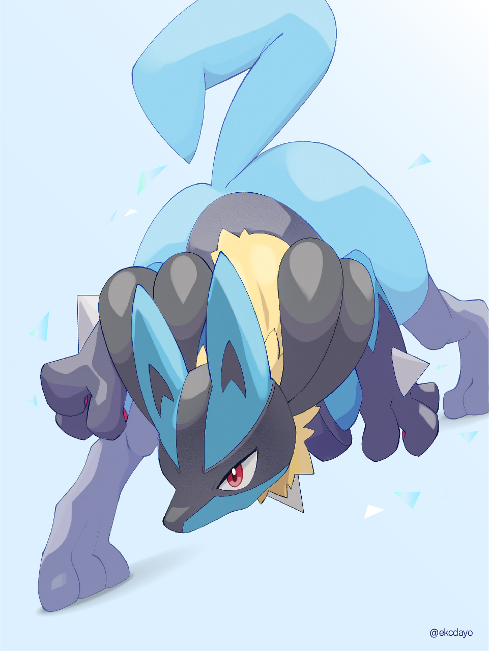 artist_name, bent_over, grey_background, highres, lucario, mamire_(ekcdayo), pokemon, pokemon_(creature)