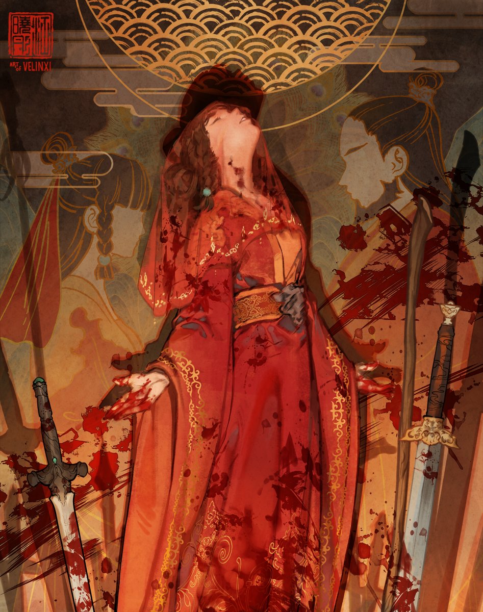 1girl, blood, blood_in_hair, blood_on_weapon, china_dress, chinese_clothes, dress, highres