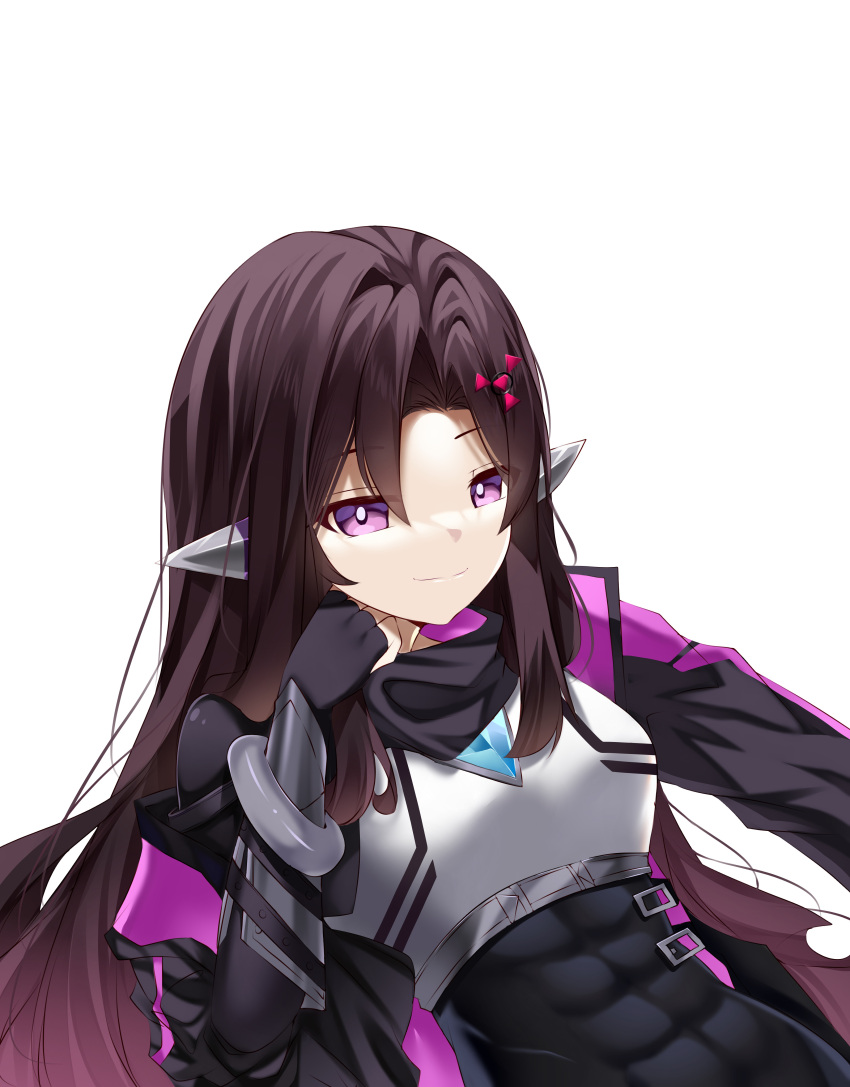 1girl, abs, absurdres, bodystocking, breasts, brown_hair, chest_jewel, commission, commissioner_upload, crop_top, digital_hazard, dusk_(wayanfa), gauntlets, gloves, hair_ornament, high_collar, highres, jacket, light_smile, long_hair, looking_at_viewer, mechanical_ears, non-web_source, original, phi-md, pink_eyes, small_breasts, smug, upper_body, white_background