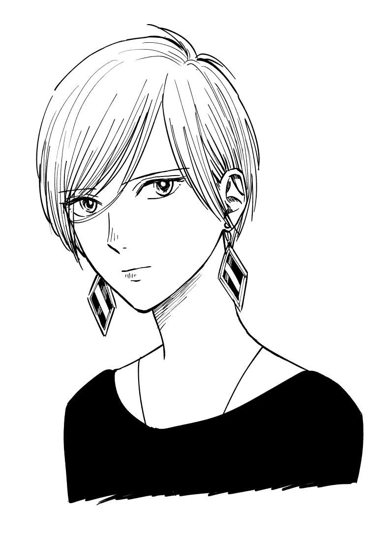 1girl, earrings, greyscale, hair_between_eyes, jewelry, monochrome, nakahara_roku, original