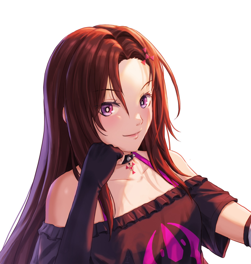 1girl, absurdres, bare_shoulders, bra, breasts, brown_hair, choker, commission, commissioner_upload, digital_hazard, dusk_(wayanfa), elbow_gloves, emblem, fingerless_gloves, frills, gloves, hair_ornament, highres, jewelry, light_smile, long_hair, looking_at_viewer, non-web_source, original, pendant, phi-md, pink_eyes, sigil, small_breasts, smug, transparent_background, underwear, upper_body