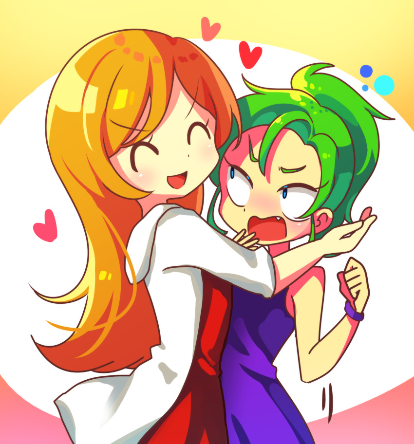 2girls, bad_id, bad_pixiv_id, closed_eyes, coat, dress, fang, green_hair, highres, hug, long_hair, mona_(warioware), multiple_girls, offbeat, open_mouth, orange_hair, ponytail, purple_dress, red_dress, vanessa_(warioware), warioware, white_coat