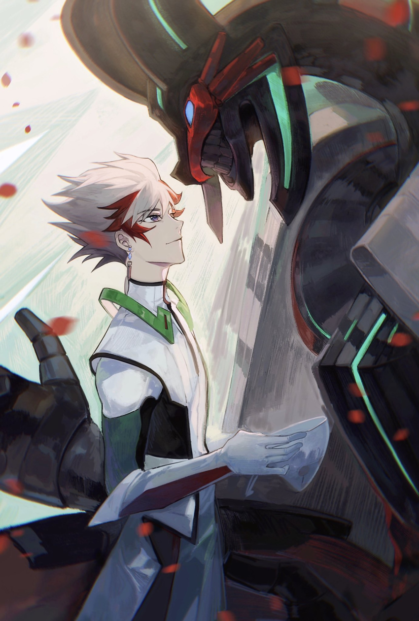 1boy, bad_id, bad_lofter_id, blue_eyes, bodysuit, borreload_dragon, bullet, dangle_earrings, dragon, duel_monster, earrings, grey_eyes, grey_hair, grin, helmet, highres, holding, holding_helmet, jewelry, light_smile, looking_up, male_focus, multicolored_hair, naoki_(2rzmcaizerails6), redhead, revolver_(yu-gi-oh!), short_hair, smile, spiky_hair, streaked_hair, teeth, unworn_headwear, unworn_helmet, upper_body, yu-gi-oh!, yu-gi-oh!_vrains