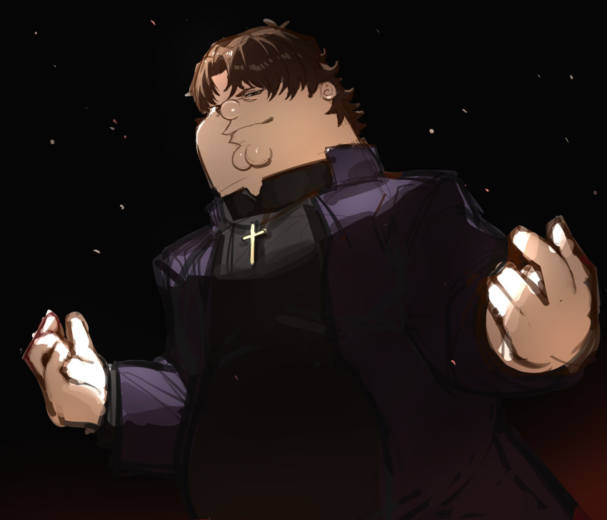absurdres, black_robe, brown_hair, cleft_chin, closed_mouth, cosplay, cross, cross_necklace