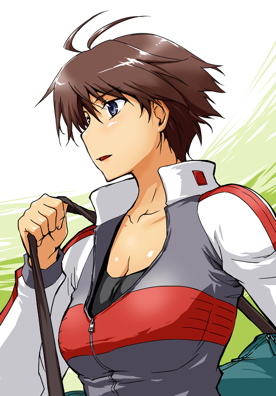 ahoge, antenna_hair, bag, blue_eyes, breasts, brown_hair, cleavage, idolmaster, jacket, kikuchi_makoto, large_breasts, seura_isago, short_hair, tomboy, track_jacket