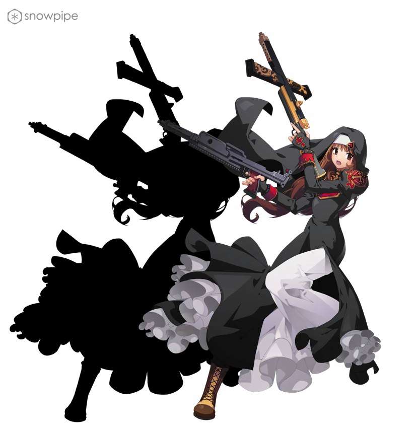 1girl, alternate_costume, artist_request, black_collar, black_dress, black_gloves, black_sleeves, black_veil, boots, brown_eyes, brown_footwear, brown_hair, brown_ribbon, collar, company_name, cross-laced_footwear, cross_print, cross_print_gloves, cross_print_sleeves, dress, dual_wielding, english_text, erica_fontaine, finger_on_trigger, fingerless_gloves, gloves, gun, hat_ornament, heart, heart_hat_ornament, holding, holding_gun, holding_weapon, juliet_sleeves, knot, layered_dress, leg_up, logo, long_hair, long_sleeves, looking_to_the_side, low-tied_long_hair, low_ponytail, mandarin_collar, nun, official_art, open_mouth, puffy_sleeves, red_wrist_cuffs, ribbon, sakura_taisen, sakura_taisen_iii, sega, silhouette, simple_background, solo, standing, standing_on_one_leg, submachine_gun, third-party_source, traditional_nun, two-tone_footwear, two-tone_headwear, upside-down_heart, veil, watermark, wavy_hair, weapon, white_background, white_dress, wrist_cuffs