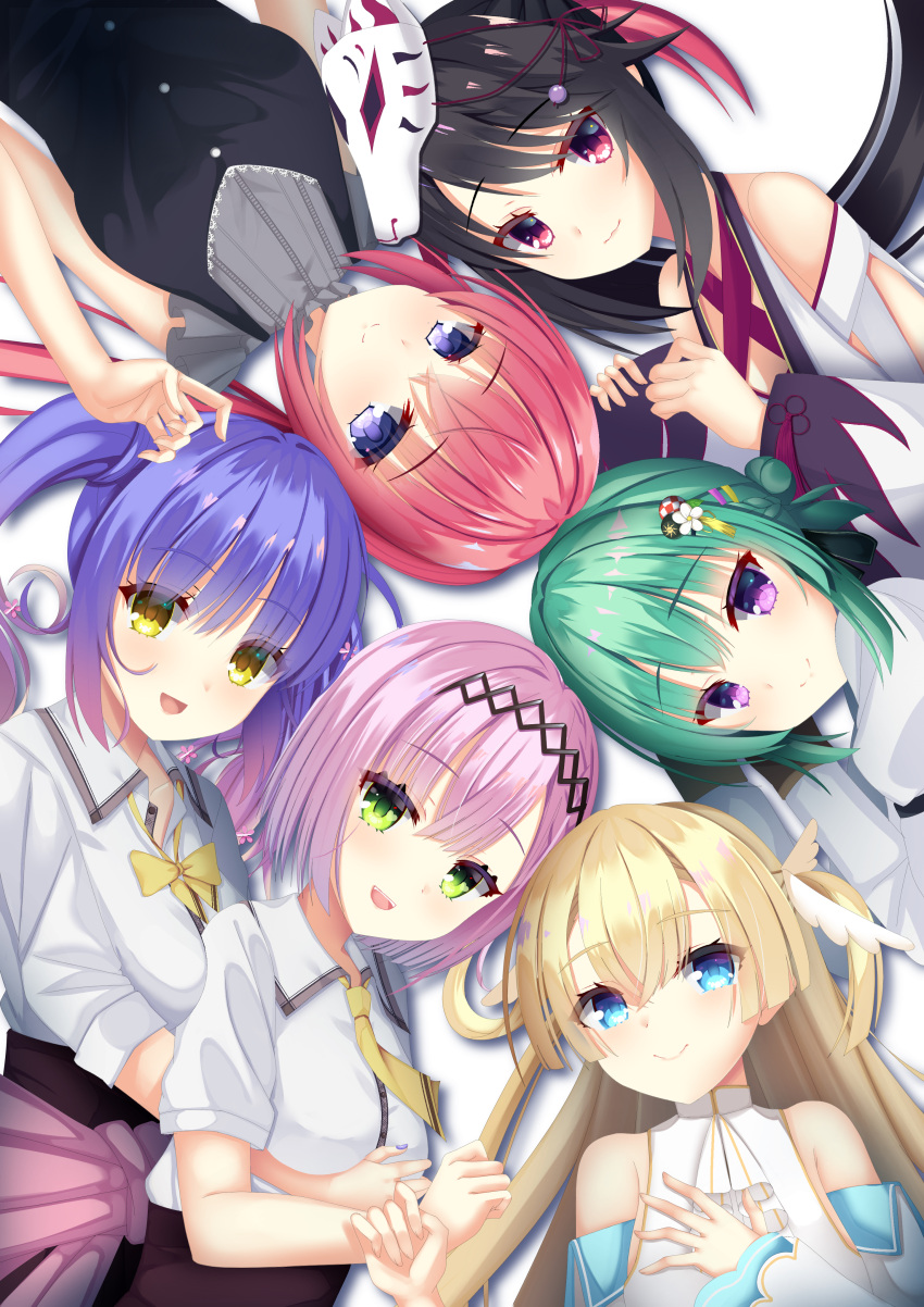 6+girls, :3, :d, absurdres, ascot, bare_shoulders, black_dress, black_hair