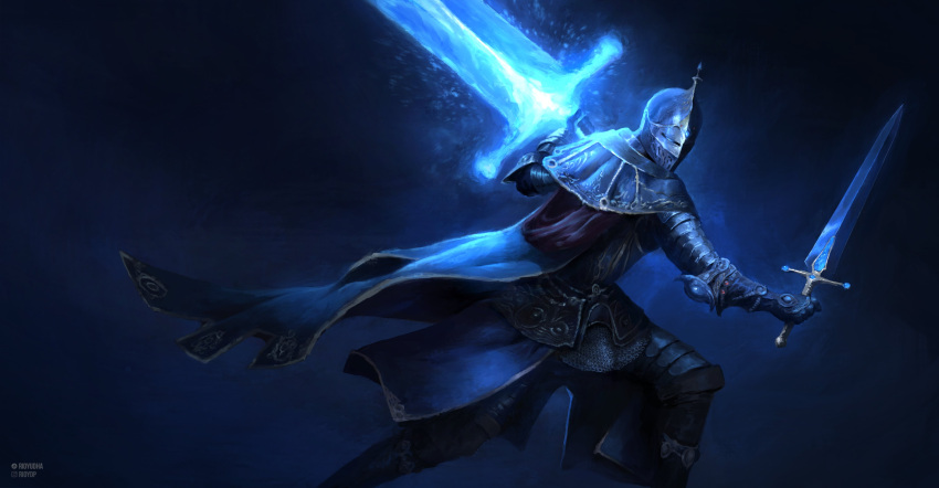 1other, absurdres, armor, artstation_username, blue_eyes, blue_gemstone, cape, carian_knight_(elden_ring)