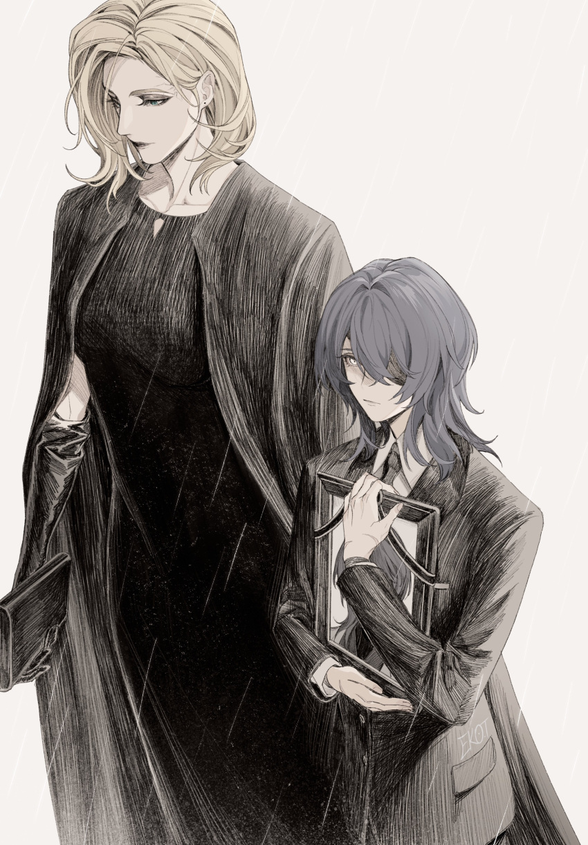 2girls, 7nite, absurdres, bag, black_bag, black_cape, black_dress, black_gloves, black_jacket, black_lips, black_necktie, blonde_hair, blue_hair, cape, chief_(path_to_nowhere), collarbone, collared_shirt, commentary, crossed_bangs, dress, earrings, elbow_gloves, expressionless, eyepatch, female_chief_(path_to_nowhere), forehead_tattoo, from_above, funeral, funeral_dress, gloves, green_eyes, hair_intakes, hair_over_one_eye, handbag, hecate_(path_to_nowhere), highres, holding, holding_bag, holding_photo, iei, implied_death, jacket, jewelry, langley_(path_to_nowhere), looking_ahead, medium_hair, multiple_girls, necktie, path_to_nowhere, photo_(object), picture_frame, rain, shirt, short_hair, signature, spider_tattoo, spoilers, stud_earrings, suit_jacket, tattoo, white_background, white_eyes, white_shirt
