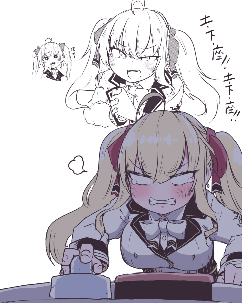 1girl, absurdres, ahoge, air_hockey, air_hockey_mallet, air_hockey_puck, air_hockey_table, blonde_hair