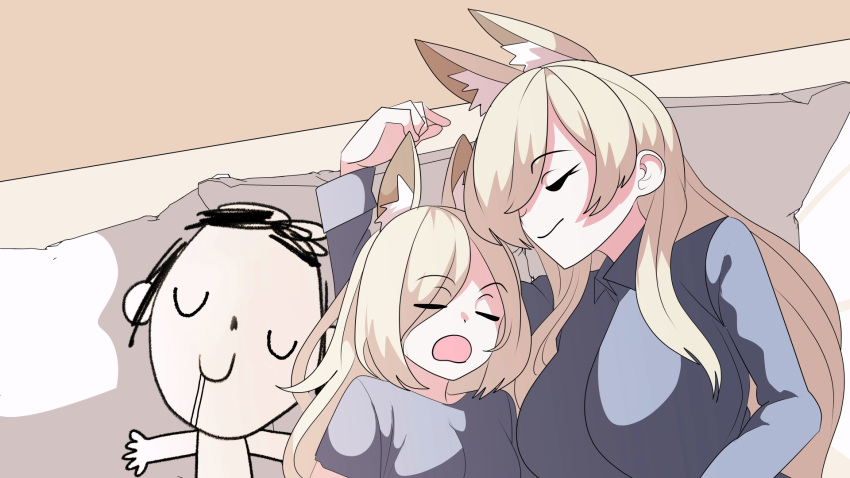 1boy, 2girls, animal_ear_fluff, animal_ears, anime_coloring, blonde_hair, blue_archive, breasts