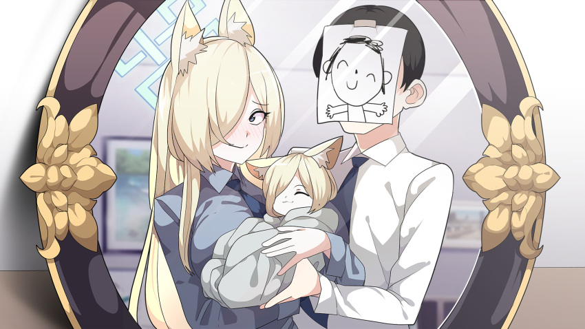 1boy, 2girls, :3, ^_^, animal_ear_fluff, animal_ears, anime_coloring, baby