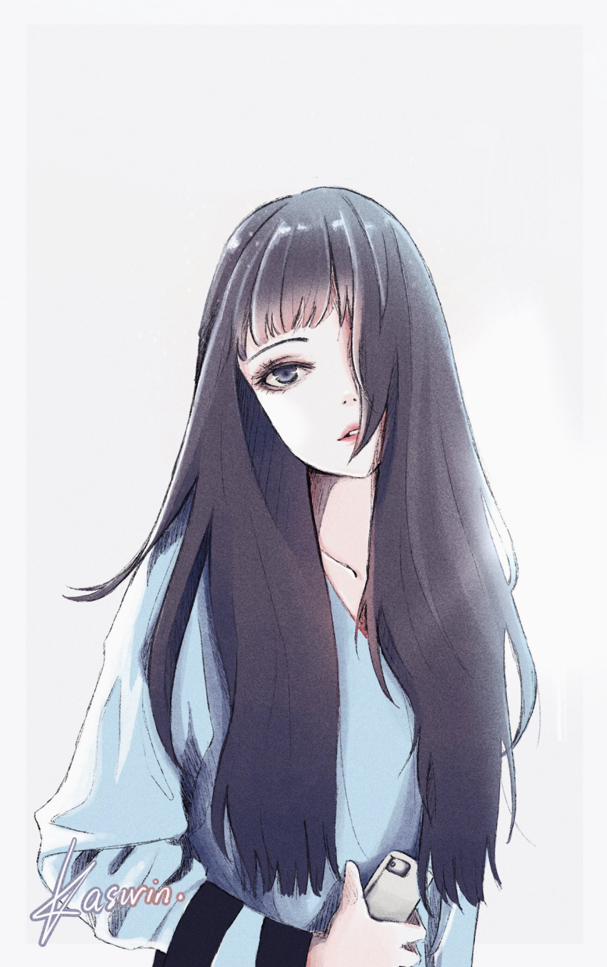 1girl, animification, artist_name, blue_sweater, blunt_bangs, english_commentary, gfriend, hair_over_one_eye