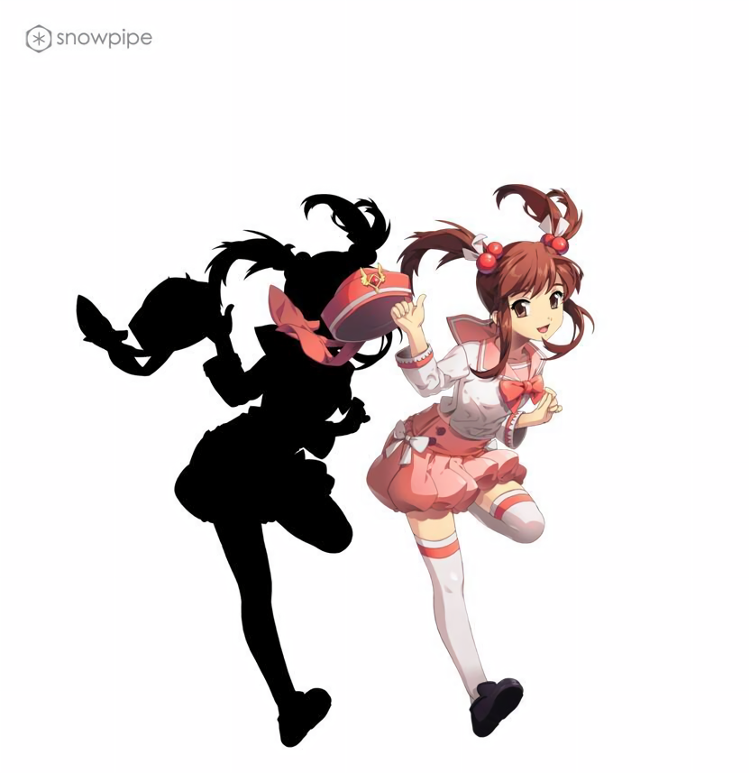 1girl, :d, artist_request, black_footwear, bow, bowtie, brown_eyebrows, brown_eyes