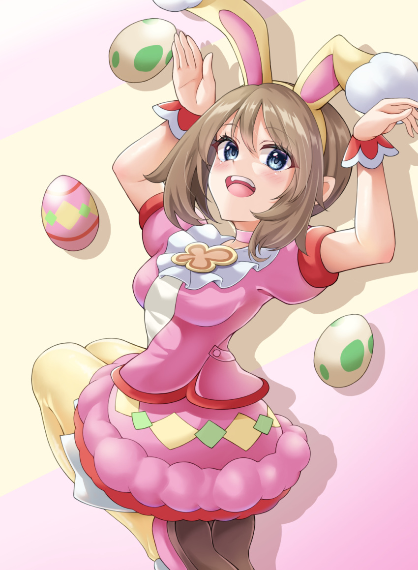animal_ears, breasts, brown_hair, dress, easter, egg, fake_animal_ears, highres, may_(pokemon), may_(spring_2021)_(pokemon), nobea, open_mouth, pink_background, pink_dress, pokemon, pokemon_egg, pokemon_masters_ex, rabbit_ears, rabbit_pose, solo, two-tone_background, yellow_background