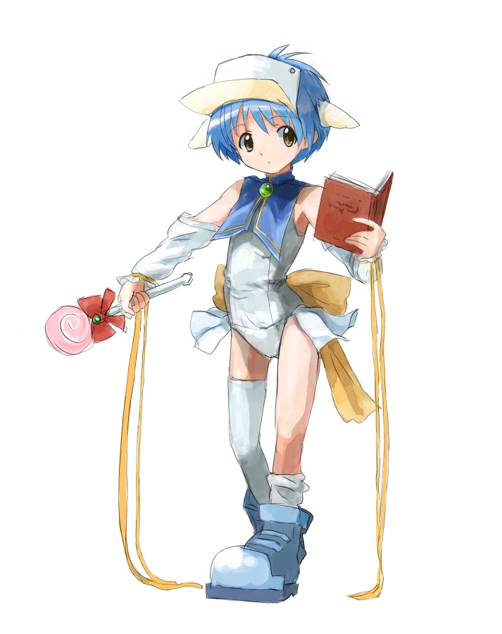 asymmetrical_clothes, asymmetrical_clothing, blue_hair, book, boots, brown_eyes, candy, cosplay