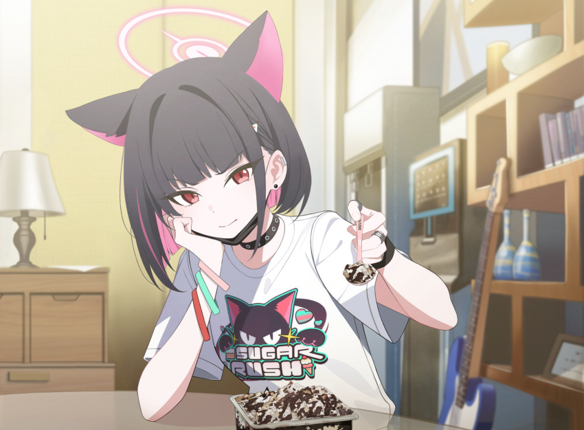 1girl, absurdres, animal_ears, aqua_wristband, artist_request, bass_guitar, black_choker, black_hair