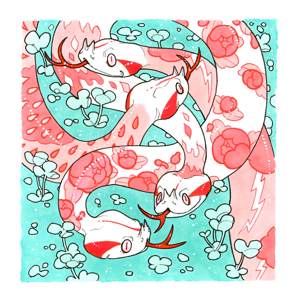 4others, border, cloud_print, clover, flame_print, fleebites, floral_print, forked_tongue, grass, lightning_bolt_print, lightning_bolt_symbol, limited_palette, multiple_others, no_humans, original, rain_print, red_snake, red_tongue, rose_print, sky_print, snake, tongue, tongue_out, water_drop_print, white_border, white_eyes, white_snake