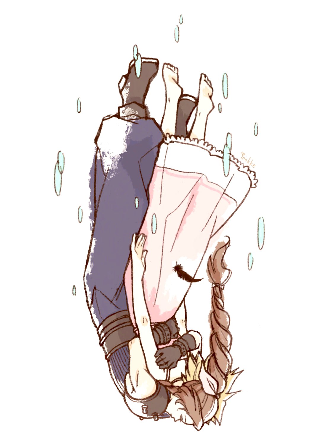 1boy, 1girl, aerith_gainsborough, armor, arms_around_back, artist_name, baggy_pants, bare_arms