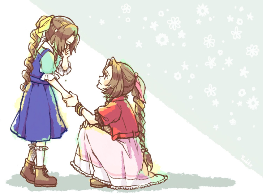 2girls, aerith_gainsborough, age_progression, aged_down, bangle, blue_dress, boots, bracelet, braid, braided_ponytail, brown_footwear, brown_hair, child, collared_shirt, cropped_jacket, crying, dress, final_fantasy, final_fantasy_vii, final_fantasy_vii_rebirth, final_fantasy_vii_remake, frilled_socks, frills, full_body, green_shirt, hair_ribbon, hand_on_own_face, holding_hands, jacket, jewelry, long_dress, long_hair, looking_at_another, moke_mokke, multiple_girls, parted_bangs, pink_dress, pink_ribbon, ponytail, puffy_short_sleeves, puffy_sleeves, red_jacket, ribbon, shirt, shirt_under_dress, short_sleeves, sidelocks, single_braid, socks, squatting, tears, white_socks, yellow_ribbon