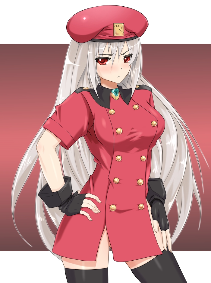 black_legwear, blonde_hair, blush, breasts, buttons, character_request, elena_trafalgar, grey_hair