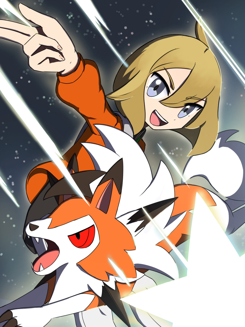 1boy, absurdres, alternate_color, blonde_hair, claws, fangs, finger_gun, grey_eyes
