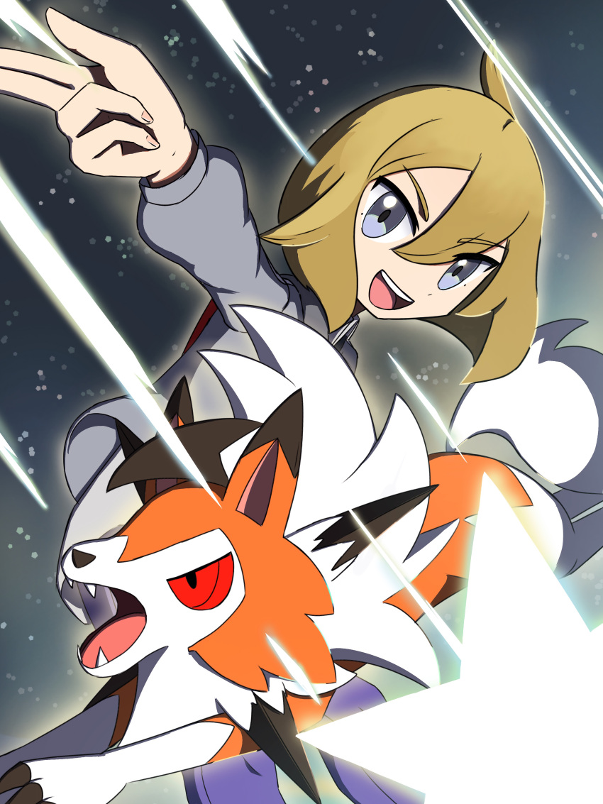 1boy, absurdres, blonde_hair, claws, fangs, finger_gun, grey_eyes, grey_jacket