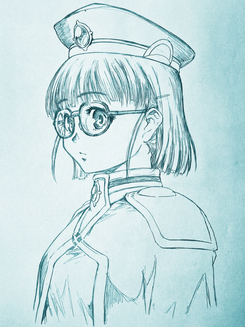 1girl, absurdres, arms_at_sides, beret, blue_background, bob_cut, breasts, cloak