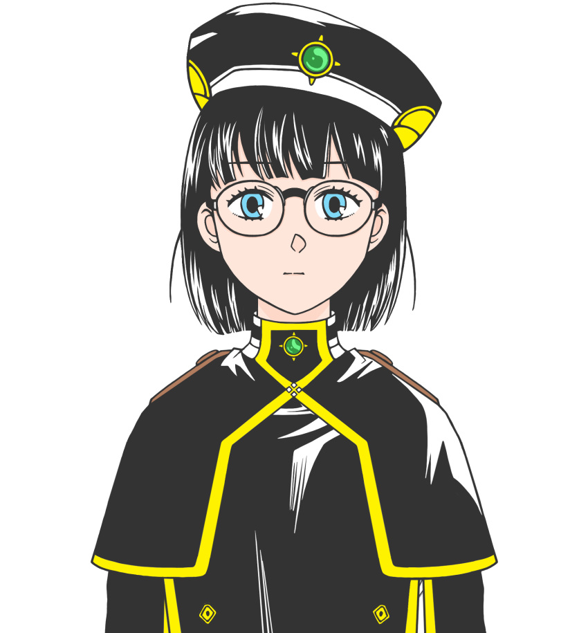 1girl, beret, black_capelet, black_hair, black_jacket, blue_eyes, capelet, closed_mouth, commentary, continental_magic_association_receptionist_(sousou_no_frieren), dominomido, expressionless, eyelashes, flat_color, gem, glasses, hat, highres, jacket, looking_at_viewer, loose_hair_strand, portrait, simple_background, solo, sousou_no_frieren, straight-on, upper_body, white_background