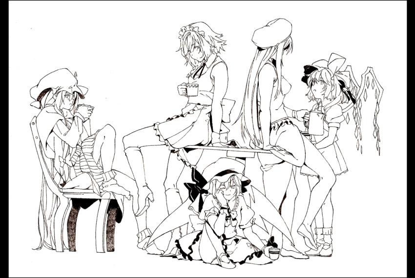 hat, hong_meiling, izayoi_sakuya, monochrome, mtmy, patchouli_knowledge, remilia_scarlet, ribbon
