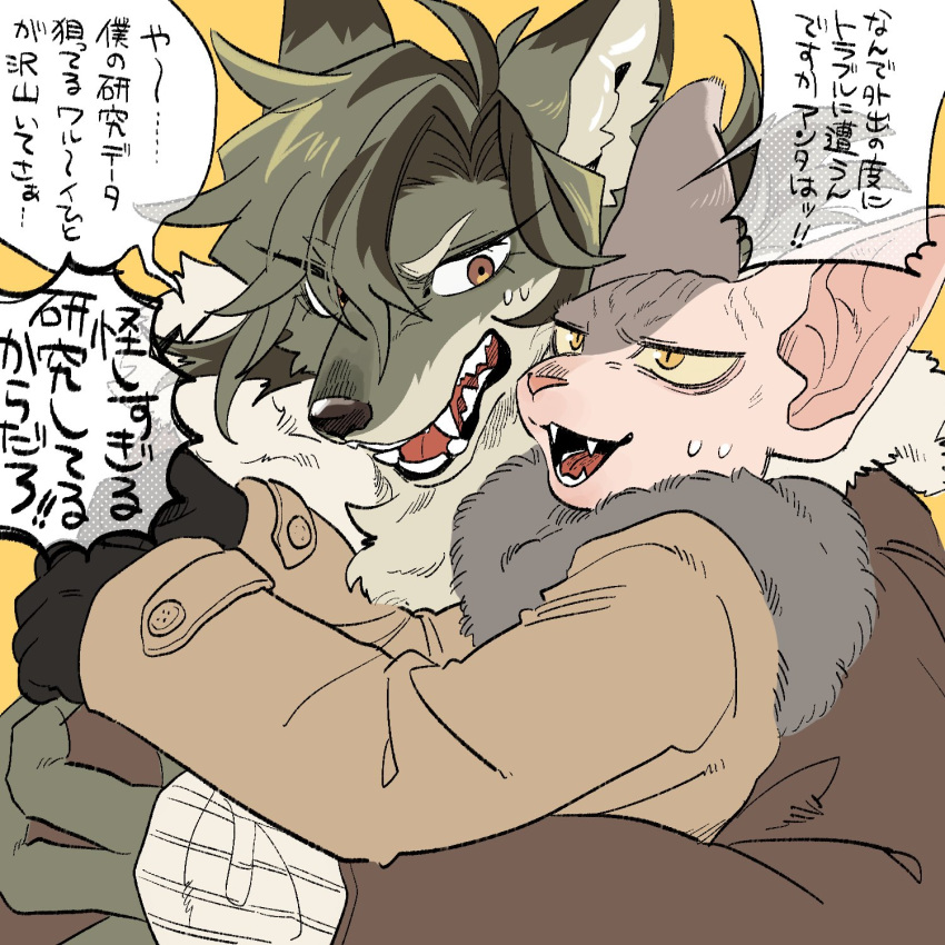1boy, 1girl, animal_ears, black_gloves, body_fur, brown_eyes, brown_hair, brown_jacket