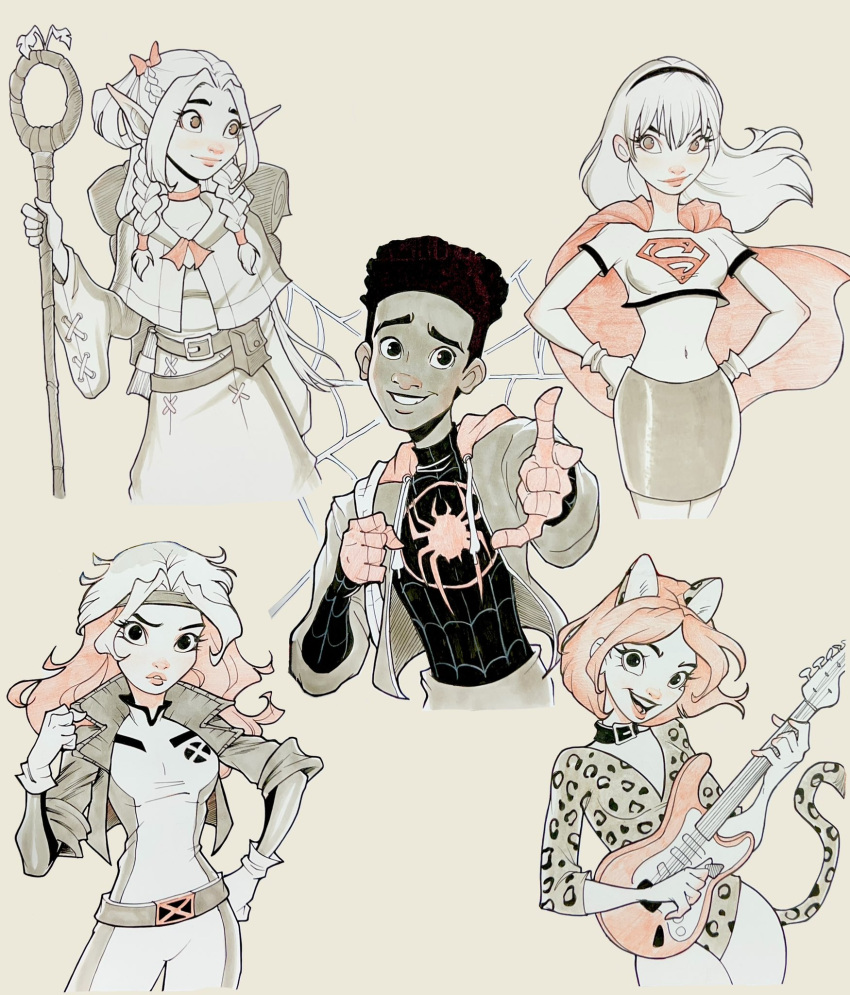 1boy, 4girls, animal_costume, cat_costume, chrissie_zullo, commission, dark-skinned_male, dark_skin