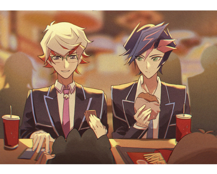 1girl, 3boys, bad_id, bad_lofter_id, black_hair, black_jacket, blue_hair, blurry