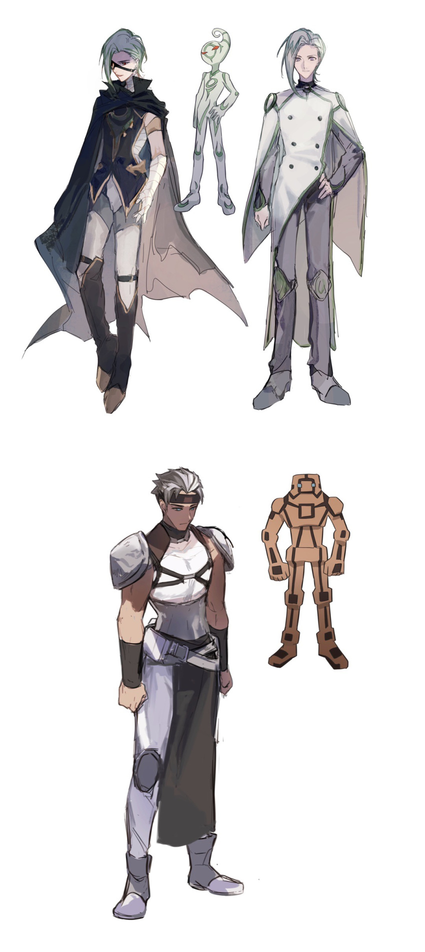 2boys, absurdres, armor, bad_id, bad_lofter_id, bandaged_arm, bandaged_hand, bandaged_torso, bandages, belt, black_cape, black_footwear, black_vest, blue_eyes, boots, bracer, brown_headband, cape, clenched_hand, clenched_hands, creature_and_personification, duel_monster, earth_(yu-gi-oh!_vrains), expressionless, eyepatch, full_body, green_hair, grey_eyes, grey_footwear, grey_hair, grey_pants, grey_shirt, hair_over_one_eye, hand_on_own_hip, headband, highres, knee_boots, knee_pads, light_smile, looking_at_viewer, looking_down, male_focus, medium_hair, multicolored_hair, multiple_boys, multiple_views, naoki_(2rzmcaizerails6), pants, pauldrons, personification, red_eyes, shirt, shoulder_armor, simple_background, sleeveless, sleeveless_shirt, streaked_hair, vest, waist_cape, white_background, white_belt, white_cape, white_hair, white_pants, white_shirt, windy_(yu-gi-oh!_vrains), yu-gi-oh!, yu-gi-oh!_vrains