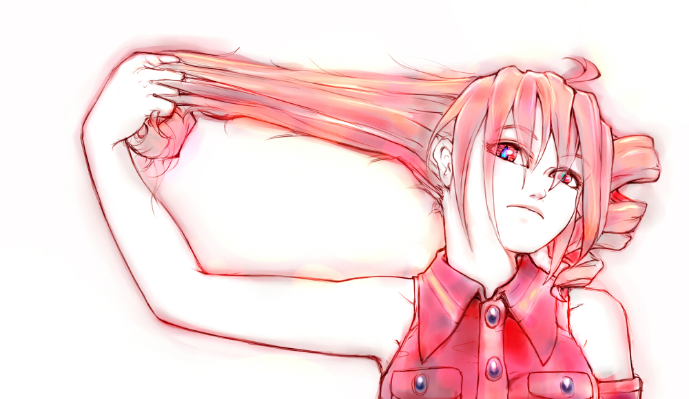 drill_hair, hair_pull, head_tilt, kasane_teto, konpasu, pink, pink_hair, red_eyes