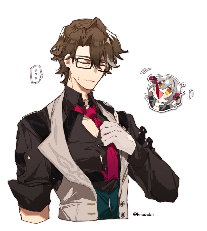 1boy, 1girl, absurdres, aqua_vest, black_shirt, brown_hair, button_gap, collared_shirt