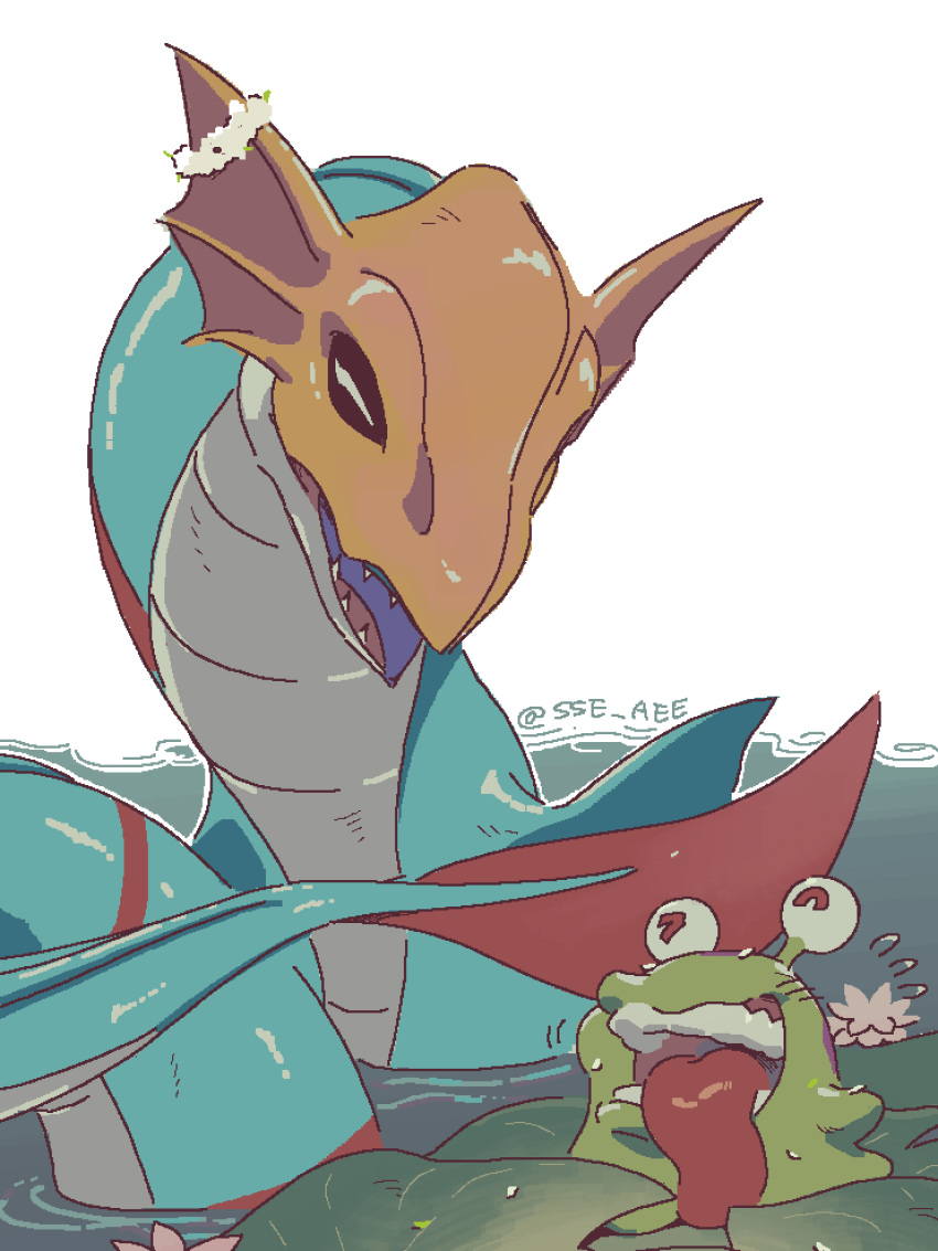 artist_name, digimon, digimon_(creature), flower, highres, no_humans, numemon, open_mouth