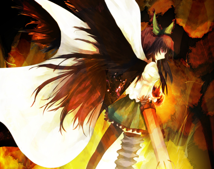 asagi_shii, black_hair, cape, long_hair, looking_back, profile, red_eyes, reiuji_utsuho