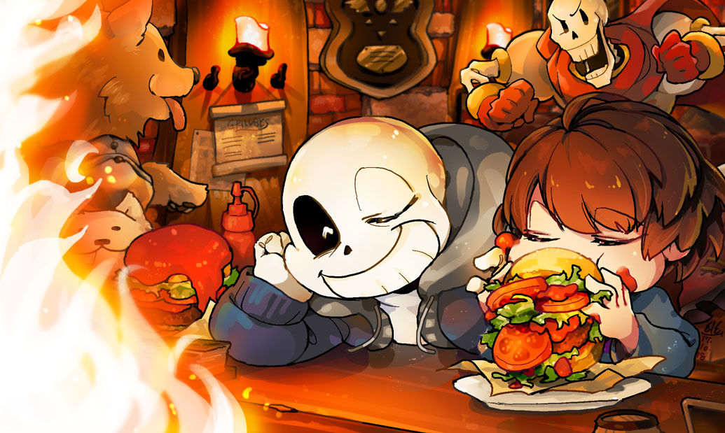 1other, 2boys, ahoge, androgynous, arm_on_table, bar_(place), blue_hood, blue_jacket, blue_shirt, blue_sleeves, bright_pupils, brothers, brown_hair, burger, clenched_hands, closed_eyes, dog, eating, eyelashes, fire, food, frisk_(undertale), gloves, grin, hand_on_own_cheek, hand_on_own_face, hood, hood_down, hooded_jacket, indoors, jacket, ketchup, ketchup_bottle, lettuce, long_sleeves, multiple_boys, one_eye_closed, papyrus_(undertale), red_gloves, red_scarf, sans_(undertale), scarf, scroll, shirt, short_hair, siblings, skeleton, smile, tomato, tomato_slice, u_u_ki_u_u, undertale, white_pupils, white_shirt