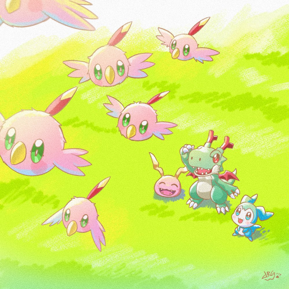 beak, chibimon, closed_eyes, digimon, digimon_(creature), dracomon, grass, horns